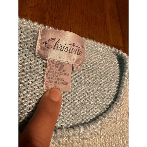 Vintage Christine Womens Embellished Pearls Teal Short Sleeve Sweater Size Small - Picture 4 of 8